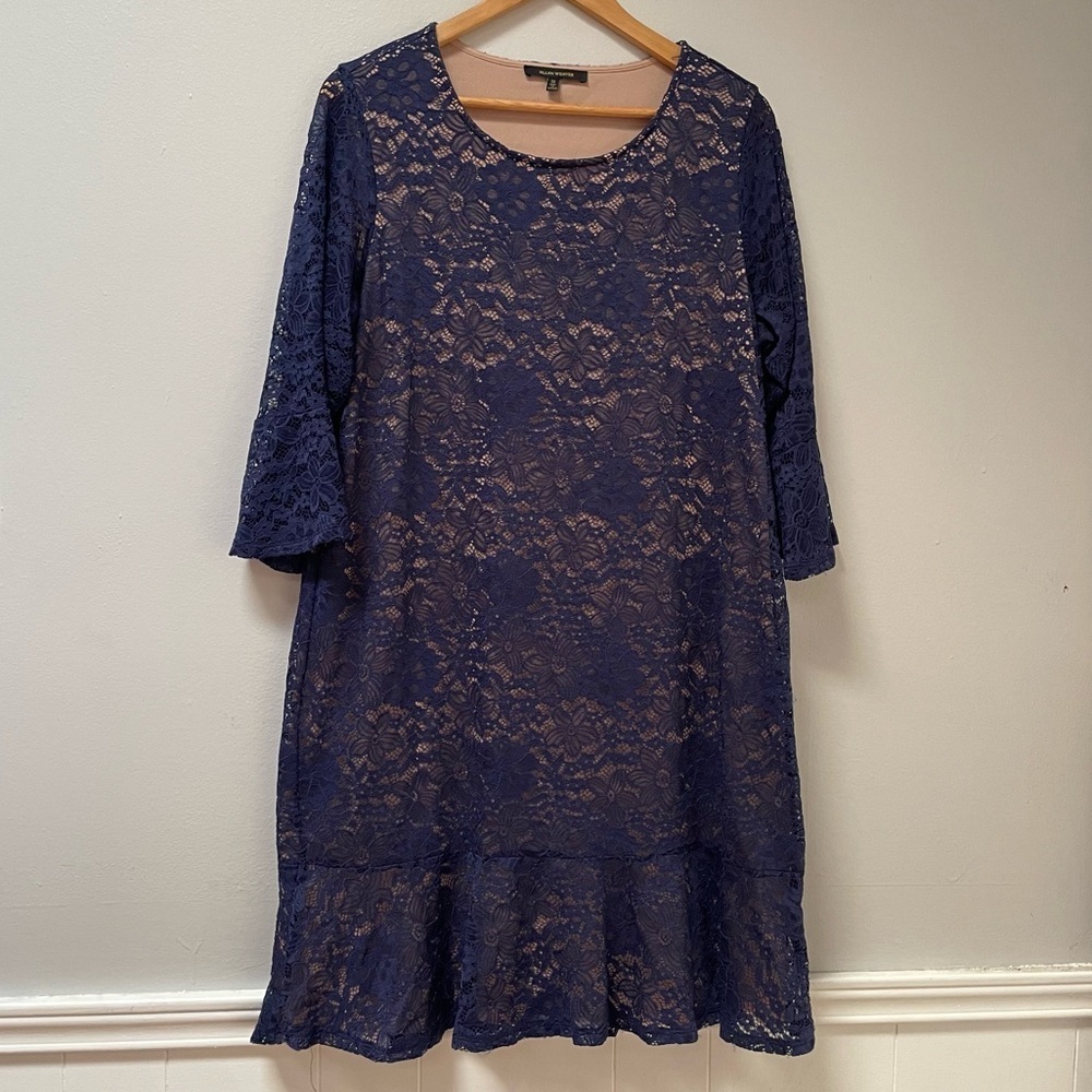 Ellen Weaver Navy Blue Lace Bell Sleeves Shift Dress size 1X